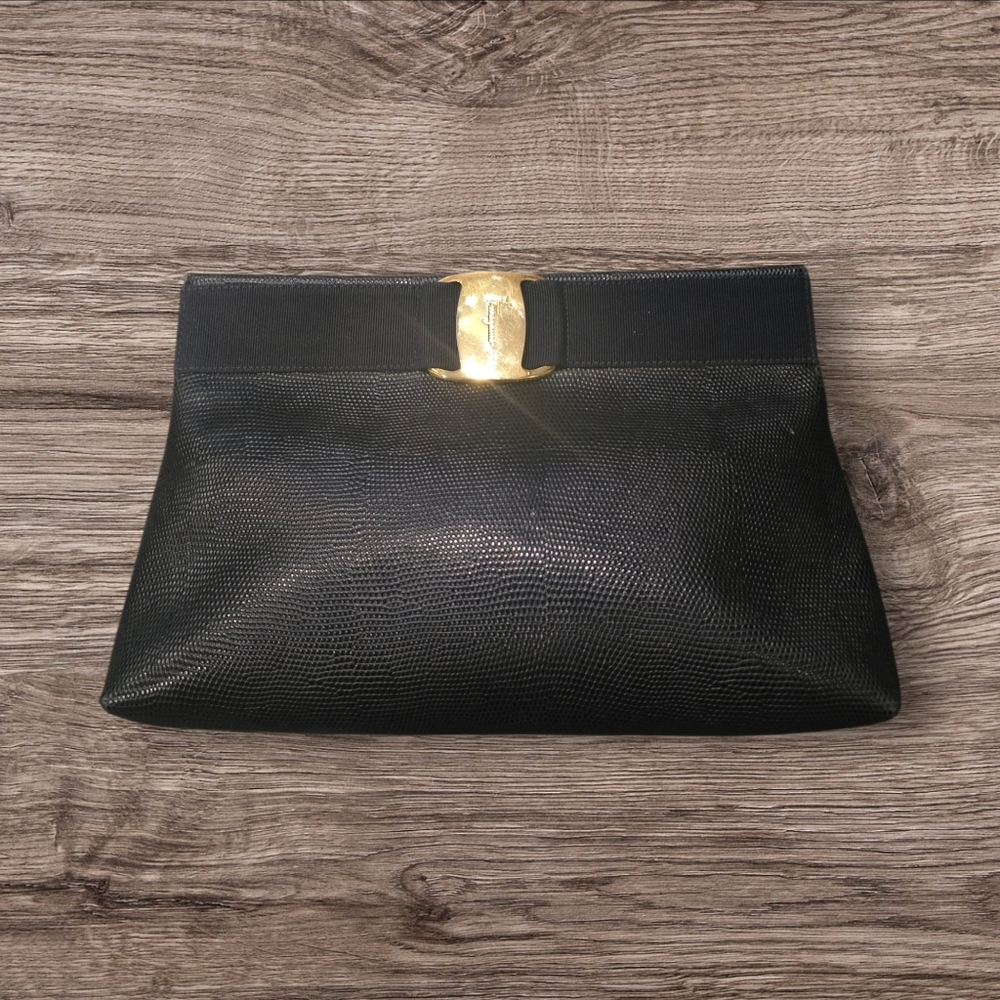 Salvatore Ferragamo Black Clutch with Gold Clasp